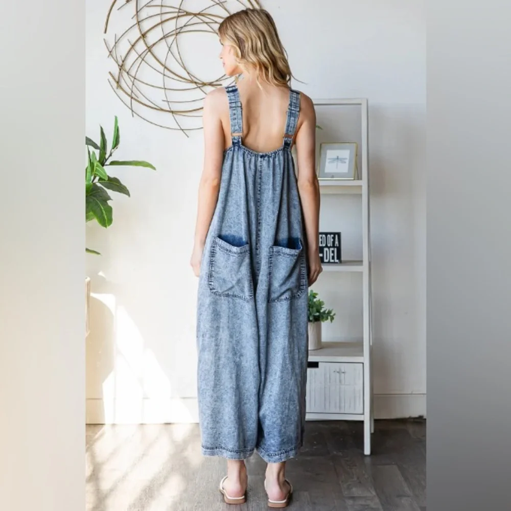 WASHED PLEATED DETAIL WIDE LEG ROMPER - Picture 7 of 7